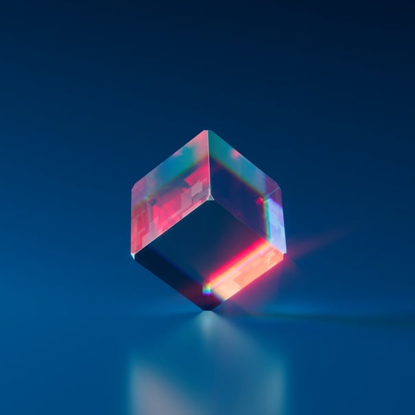 image of a crystalline cube standing on one of its vertices.